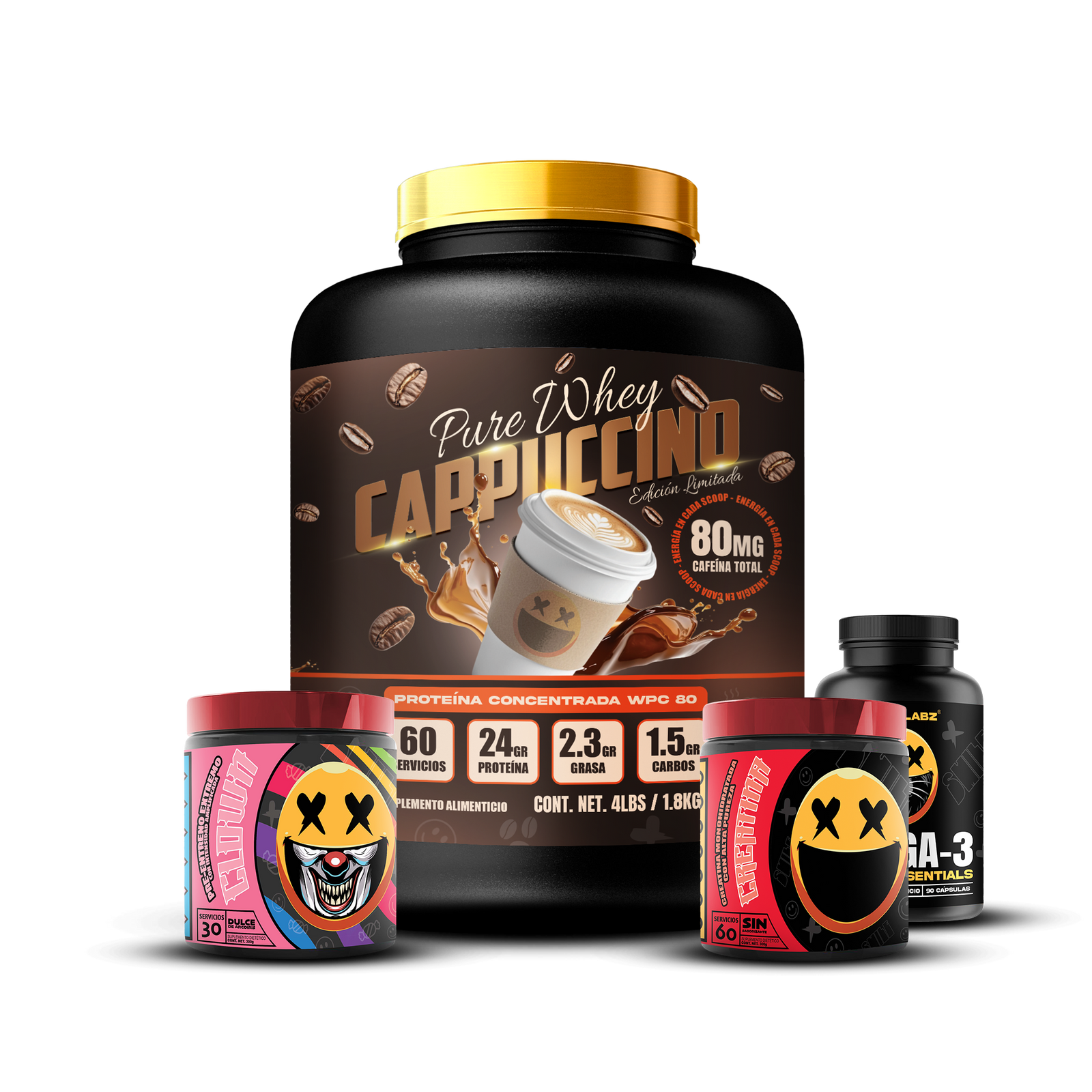 PURE WHEY 4LBS / CLOWN / CREATINA 60s / OMEGA-3