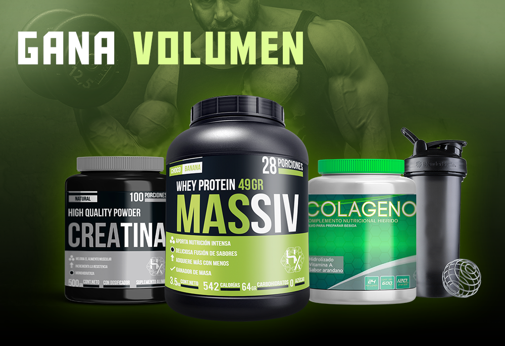 VOLUMEN PACK: Massiv 3,5kg + Creatina 500gr + Pre ultrain 300gr + Colageno 600gr + Shaker