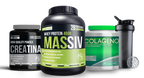 VOLUMEN PACK: Massiv 3,5kg + Creatina 500gr + Pre ultrain 300gr + Colageno 600gr + Shaker