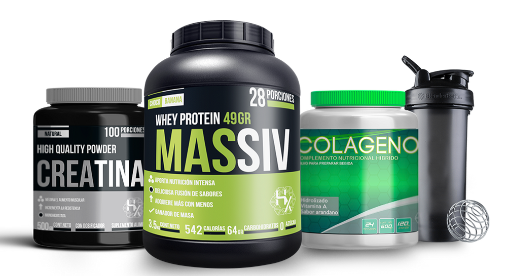 VOLUMEN PACK: Massiv 3,5kg + Creatina 500gr + Pre ultrain 300gr + Colageno 600gr + Shaker