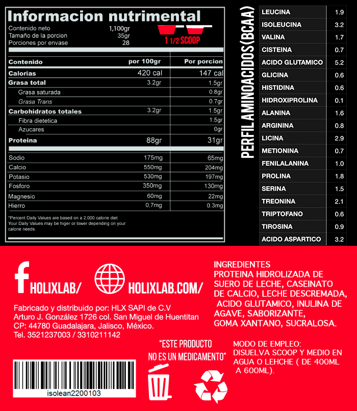 Isolean 1.1 kg - Whey Protein / Proteina hidrolizada 31gr